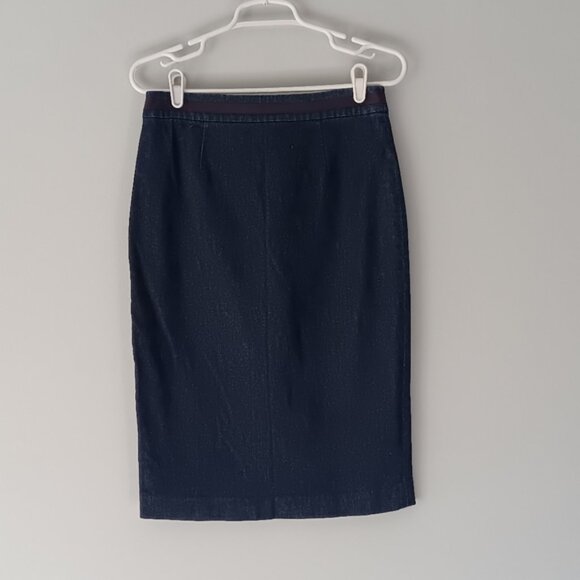 Boden Blue Denim Pencil Midi Skirt Purple Waistband Detail Lined Size 6L - Picture 1 of 10